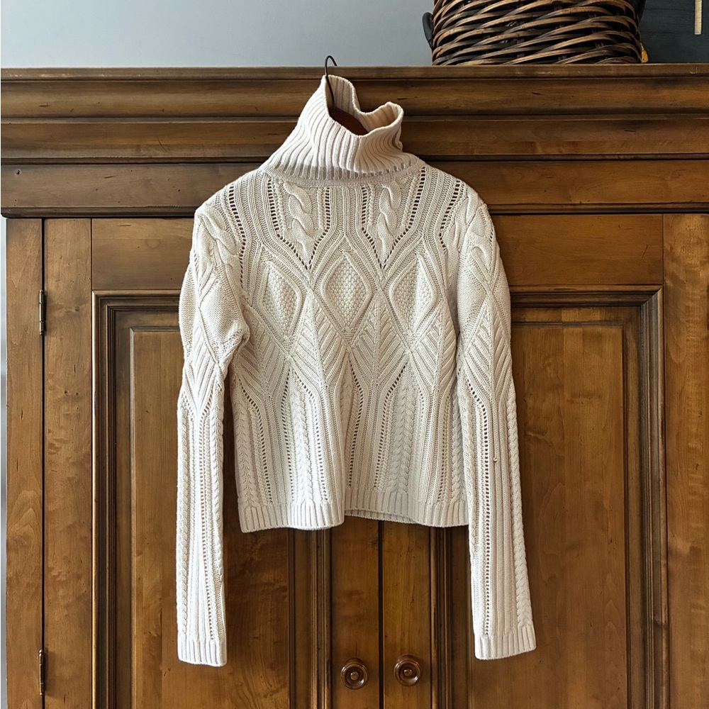Magaschoni Cropped Cableknit Oversized Cream Turtleneck Sweater